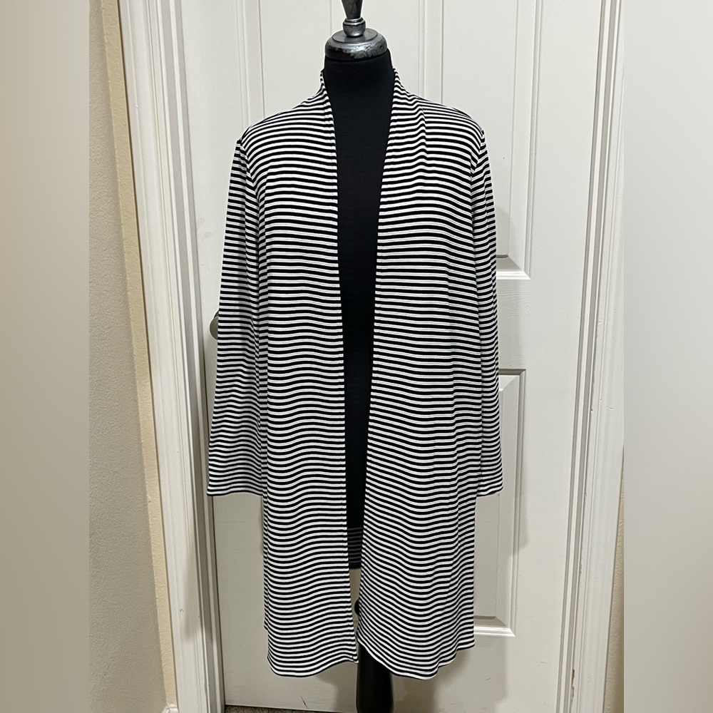 J JILL WEAREVER COLLECTION Striped Open Front Cardigan - Black & WHITE SIZE XL